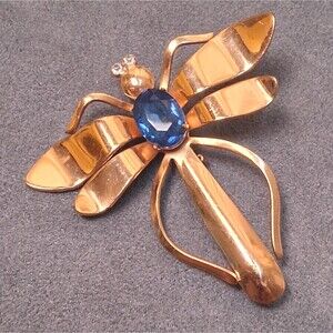 Vintage Coro Dragonfly Brooch Rose Gold Sapphire Rhinestone